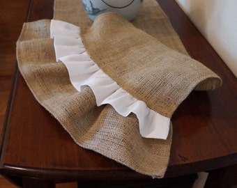 Natural Burlap Table Runner with Natural and White Ruffles - Rustic Farmhouse Style