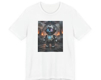 May include: A white t-shirt featuring a graphic print of a small, metallic robot with glowing blue and red eyes. The robot has the Roman numeral XI in blue on its chest and stands in a dark, smoky, war-torn landscape with fire and ruins.