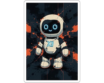 May include: A rectangular sticker featuring a stylised robot with a cream-coloured head and body, black limbs, and glowing blue circular eyes. The robot has the Roman numeral XI in blue on its chest, set against a dark background with orange splatters.