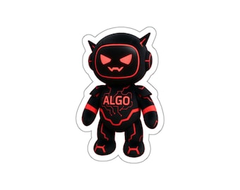May include: A black robot-shaped sticker featuring glowing red circuit patterns and eyes. The word ALGO is printed in red on the chest area. The design has a white border outline, showcasing a stylised character with pointed ears and a digital aesthetic.