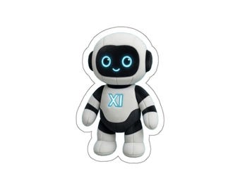May include: A plush robot toy featuring a white and black colour scheme with a rounded head and body. The robot has a black faceplate with glowing blue circular eyes and a small smile, and the Roman numeral XI is printed in blue on its chest.