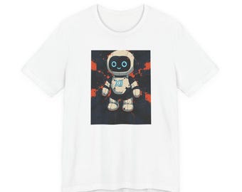 May include: A white short-sleeved t-shirt featuring a central graphic of a small, cream-coloured robot with a round head, blue glowing eyes, and the letters XI in blue on its chest, set against a dark background with scattered red accents.