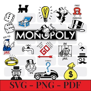 Op de afbeelding: Een verzameling Monopoly-speliconen inclusief het logo, Rich Uncle Pennybags, dobbelstenen, een hoge hoed, een trein, een gloeilamp, een auto, een geldzak, een ring, een gevangenis en tekst zoals GO, FREE PARKING, WELCOME TO THE PARTY, SVG PNG PDF.