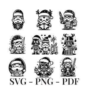 May include: A collection of nine black and white digital illustrations featuring Star Wars characters in Christmas attire, including Stormtroopers and Darth Vader with Santa hats, ornaments, and gifts. The text SVG - PNG - PDF appears at the bottom.