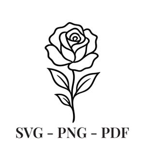 Può includere: Un'illustrazione in bianco e nero a tratto di una singola rosa con stelo e tre foglie. Sotto la grafica floreale, il testo recita SVG - PNG - PDF in un carattere serif nero e in grassetto. Il design presenta contorni netti e continui.