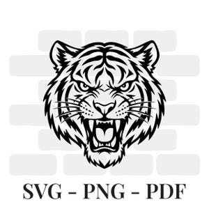 May include: A black and white graphic illustration of a snarling tiger head with sharp teeth and detailed fur markings. Below the tiger head, the text SVG - PNG - PDF is displayed in a bold, black, serif font against a light grey brick background.