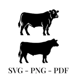 Op de afbeelding: Een zwarte silhouetafbeelding van twee koeien die in profiel boven elkaar staan, met de tekst SVG - PNG - PDF in het zwart onderaan de afbeelding. Het ontwerp bevat strakke lijnen en effen zwarte vormen die de dieren weergeven.