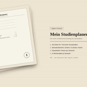 Könnte beinhalten: Ein digitaler Studienplaner mit dem Titel Mein Studienplaner auf cremefarbenem Hintergrund. Das Dokument enthält ein Inhaltsverzeichnis, ein Paragraphenzeichen und eine Liste mit Funktionen wie 116 Seiten für 7 Semester und Tracker.