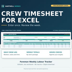 Könnte beinhalten: Eine digitale Team-Stundenzettel-Vorlage für Microsoft Excel von Hartwell Works. Die Grafik zeigt eine wöchentliche Arbeitsberichts-Tabelle mit Spalten für Projektstunden, Auftragsnummern und Arbeitspakete sowie Beschriftungen für tägliche Protokolle.