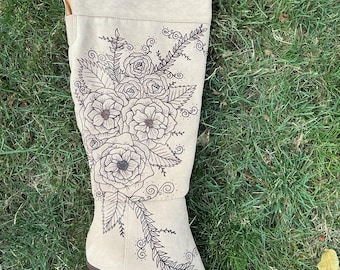 Hand-Burned Women’s knee high boots size 8 Floral design