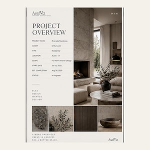 May include: A project overview document by AsafViz featuring a living room interior with a stone fireplace, beige sofa, and round coffee table. The text includes project details for Riverside Residence, client Emily Carter, and dates for 2025.