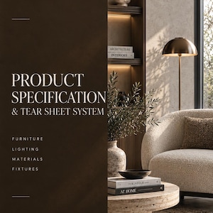 Op de afbeelding: Een donkerbruine digitale sjabloonomslag met de titel ASAF VIZ INTERIOR DESIGN TEMPLATES PRODUCT SPECIFICATION & TEAR SHEET SYSTEM. Het toont een beige getextureerde salontafel, een crèmekleurige fauteuil en een hoge lamp.