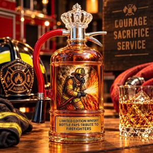 Könnte beinhalten: Eine Whiskyflasche aus Glas in Form eines Feuerlöschers mit kronenförmigem Verschluss, rotem Griff und einer Grafik eines Feuerwehrmanns. Ein Etikett trägt die Aufschrift: LIMITED EDITION WHISKY BOTTLE PAYS TRIBUTE TO FIREFIGHTERS. Bernsteinfarben.