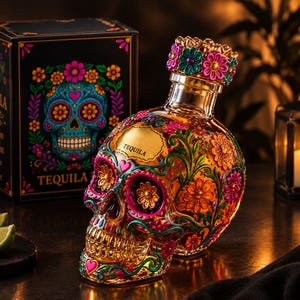 Könnte beinhalten: Eine klare Glasflasche für Tequila in Form eines menschlichen Schädels mit detaillierten, bunten Blumen- und Herzmotiven in Pink, Orange und Türkis. Die Flasche hat ein goldenes Etikett mit der Aufschrift TEQUILA und einen floralen Verschluss.