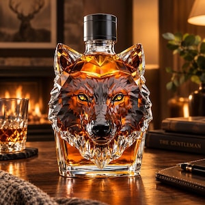 Könnte beinhalten: Eine Karaffe aus klarem Glas in Form eines Wolfskopfes, gefüllt mit bernsteinfarbener Flüssigkeit. Die Karaffe hat ein facettiertes, geometrisches Design mit einem schwarzen zylindrischen Verschluss oben. Das Glas reflektiert Licht und betont die Gesichtszüge.