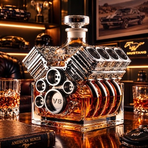 Può includere: Un decanter in vetro trasparente a forma di blocco motore V8, riempito con liquido ambrato. Il decanter presenta componenti del motore dettagliati, tra cui pulegge circolari e testate dei cilindri, con il testo V8 in rilievo al centro.