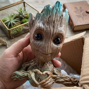 May include: A brown and teal tree-like creature figurine with large dark eyes and a textured bark-like surface. The figure has a hollow top, a smiling expression, and its hands are positioned together in a heart shape near its chest area.