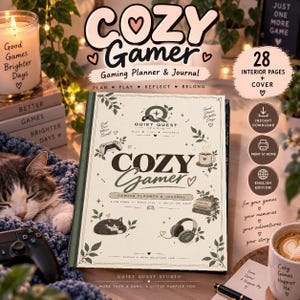 May include: A gaming planner and journal titled Cozy Gamer with a cream cover featuring illustrations of a cat, headphones, a controller, and a coffee cup. The text includes Quiet Quest Studio, 28 interior pages, and the phrase Plan Play Reflect Belong.