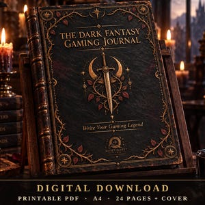 May include: A dark green journal titled The Dark Fantasy Gaming Journal with gold foil accents, a central sword and crescent moon emblem, and the text Write Your Gaming Legend. The cover features ornate filigree borders and a Quiet Quest Studio logo.