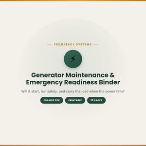 May include: A digital document titled FieldReady Systems Generator Maintenance & Emergency Readiness Binder. It features a dark green circle with a lightning bolt icon, the text Will it start, run safely, and carry the load when the power fails?, and three dark green buttons labeled Fillable PDF, Printable, and 20 Pages.