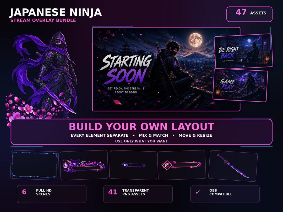 Japanisches Ninja-Stream-Overlay-Bundle | 47 Twitch- & OBS-Elemente | 6 ...