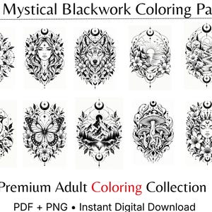 May include: A collection of 10 black and white line art illustrations titled 10 Mystical Blackwork Coloring Pages. The designs feature intricate motifs including a mandala, a face, a wolf, landscapes, a bird, a butterfly, and mushrooms.