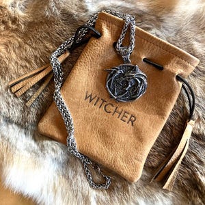 Witcher Trio Medallion Pendant: Stainless Steel Wolf, Swallow & Obsidian Star with Leather Pouch