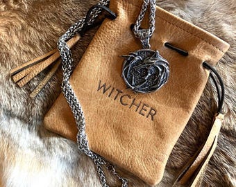 Witcher Trio Medallion Pendant: Stainless Steel Wolf, Swallow & Obsidian Star with Leather Pouch