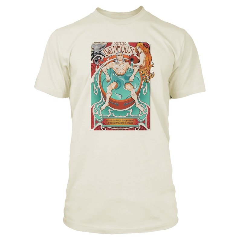 May include: A vintage-style poster for "Ysgard's Bathhouse", featuring a man in a tub of water, a woman pouring water from a pitcher, and the text "Located south of St. Gregory's Road, in the old district of Ysgard".