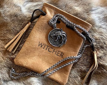 Witcher White Wolf Medallion Pendant: Hand-Aged Steel, Leather Pouch Gift Set