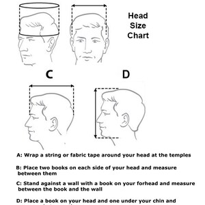 Puede incluir: Una tabla de tallas de cabeza en blanco y negro con cuatro diagramas etiquetados A, B, C y D. Cada diagrama muestra una vista de perfil o frontal de una cabeza con l&iacute;neas discontinuas que indican los puntos de medici&oacute;n. Instrucciones explican.