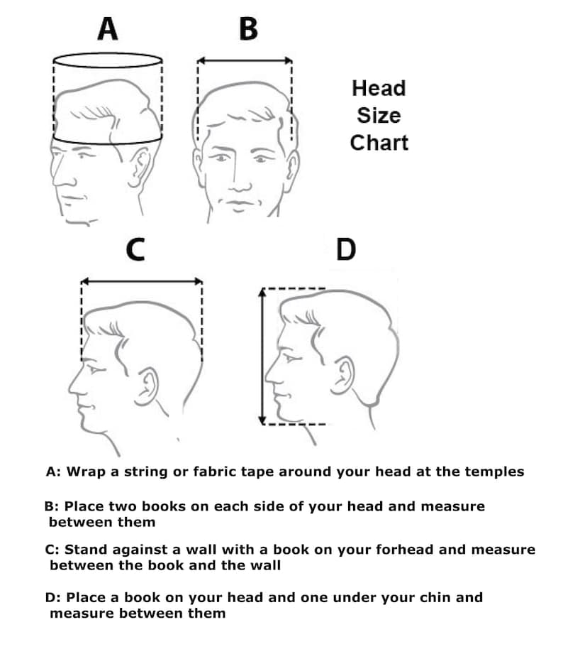 Puede incluir: Una tabla de tallas de cabeza en blanco y negro con cuatro diagramas etiquetados A, B, C y D. Cada diagrama muestra una vista de perfil o frontal de una cabeza con l&iacute;neas discontinuas que indican los puntos de medici&oacute;n. Instrucciones explican.
