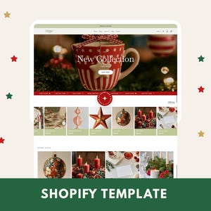 May include: A Shopify website template featuring a holiday-themed layout with a hero section displaying a red and white striped mug, followed by a grid of product images including ornaments, candles, and festive decor, with the text SHOPIFY TEMPLATE.
