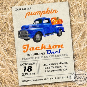 Pumpkin Birthday Invitation - Fall Autumn 1st Birthday Invitation - Pumpkin Patch Blue Truck Digital Printable Personalized 4 x 6 or 5 x 7