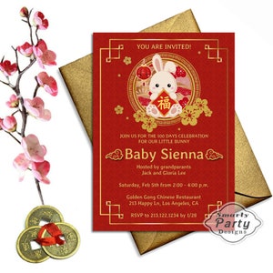 100 Days Celebration Year of the Rabbit Party Invite | Chinese New Year Invitation 2022 | Printable Personalized Customized 5x7 or 4x6