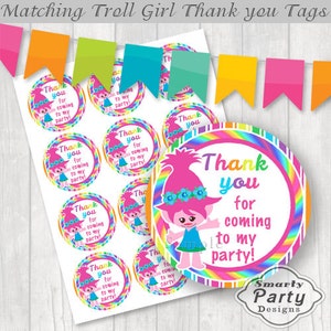 Etiquetas adhesivas imprimibles de agradecimiento para fiesta de Trolls, con rayas de colores y círculos de 2,5 pulgadas (PDF - Descarga instantánea)