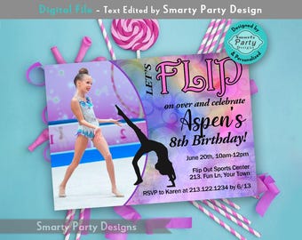 Faire-part d'anniversaire de gymnastique : photo, arc-en-ciel coloré, flip girl (impression numérique)