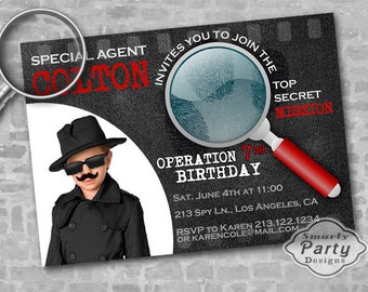 Spy Birthday Party Photo Invite | Secret Agent Invitation | Special Agent Red Black You Print Personalized Customized 5x7 or 4x6