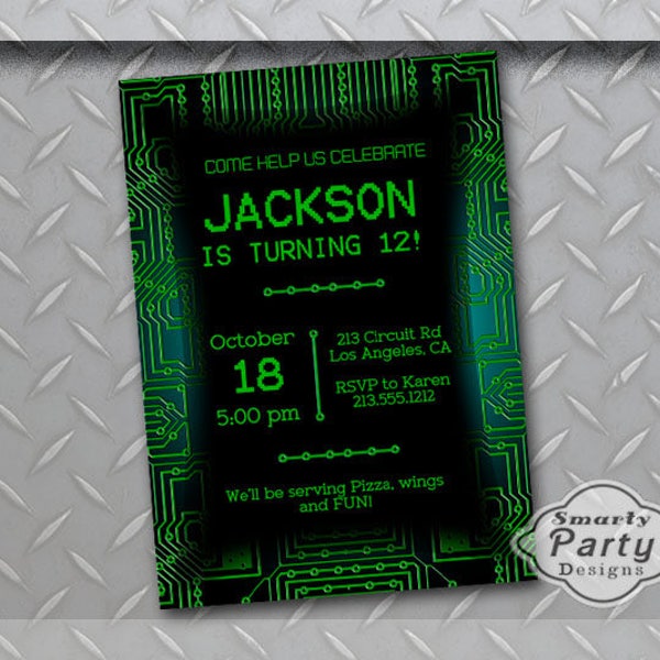 Boy Teen Tween Birthday Party Invite | Computer Circuit Board Invitation | Printable Personalized Customized 5x7 or 4x6