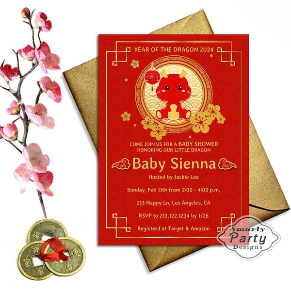 Baby shower Year of the Dragon Party Invite | Chinese New Year Cute Invitation 2024 | Red Gold Printable Personalized Customized 5x7 or 4x6