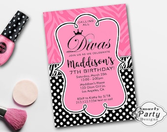 Diva Girl Birthday Party Invitations | Zebra Pink Polka dot Invite | Printable Personalized Customized 5x7 or 4x6