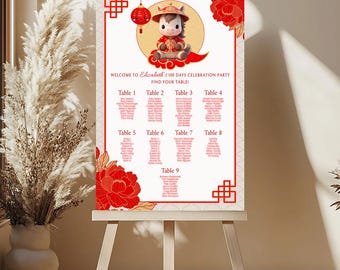 Plan de la table pour les 100 jours de l'Année du cheval : rouge et or (impression numérique)