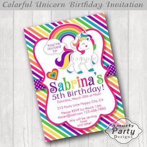 Colorful Unicorn Rainbow Cloud Heart Pony Birthday Party Invitations Invite Printable Personalized Customized Girl 5x7 or 4x6 image 1