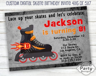 Boy Inline Skate Invitation | Birthday Party Red Orange Black Flames Printable Personalized Stripe Customized Digital 5x7 or 4x6