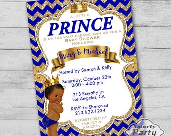 Faire-part de baby shower prince : bleu royal et or (impression numérique)