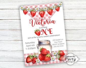 Strawberry 1st Birthday Invitations Invite | Watercolor Strawberry Invite Printable  Customized 5x7 or 4x6