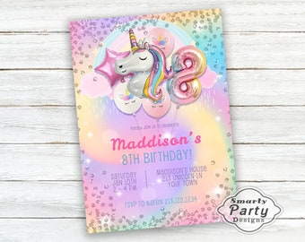 8th Birthday Invite Unicorn Balloon Rainbow Girl Party Invite | Printable Personalized Customized 5x7 or 4x6