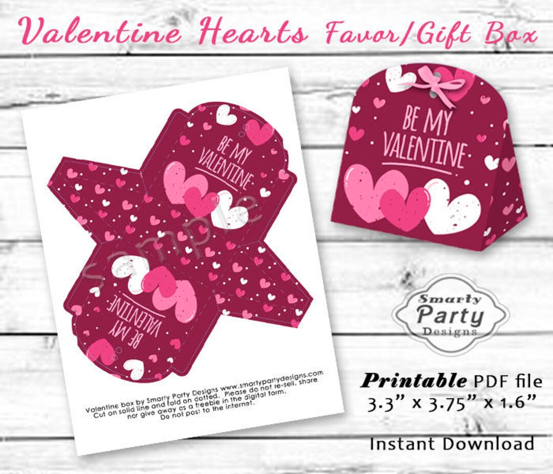 Valentine Hearts Party Favor Box Gift Box Pink Printable DIY PDF Instant Download Etsy