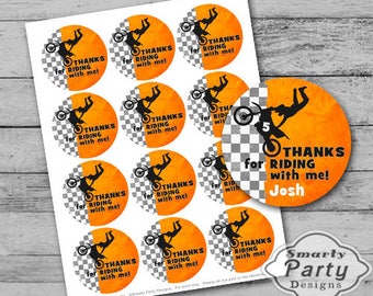 Favor Tag BMX Dirt Bike Thank You Party Tags Stickers Printable Personalized Checkered Flag Race Customized 2.5" Circles PDF