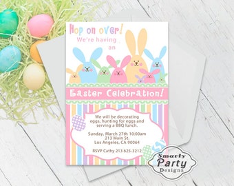 Easter Bunny Easter Celebration Party Invitation Egg Hung Invite Printable Personalized Pink Blue Green Yellow Stripes Customized 5x7 or 4x6